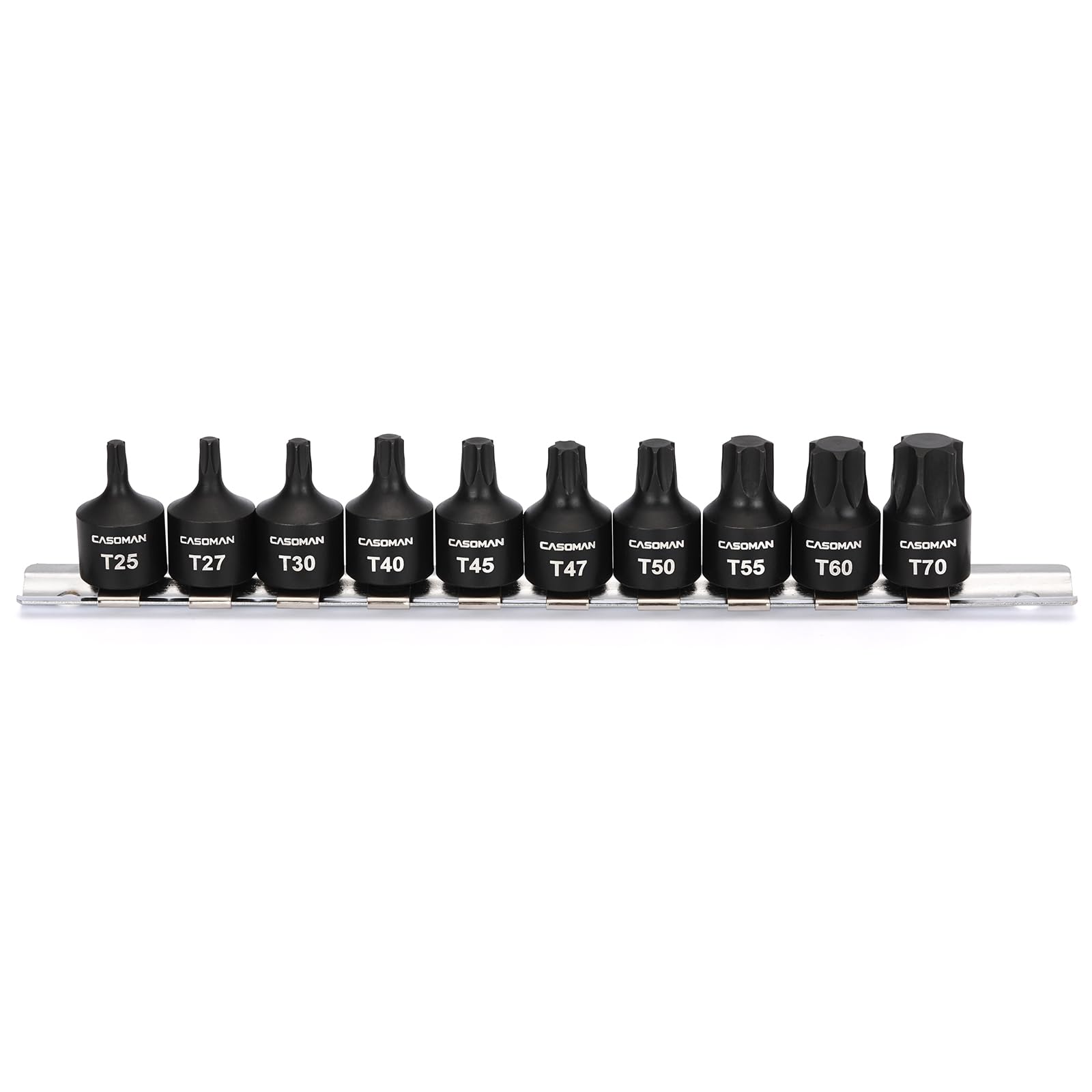 Casoman torx bits T25 to T70 organized on rail