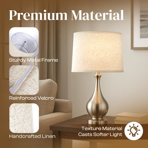 Castal Blue bedside and floor lamp shade in beige enhances warm decor