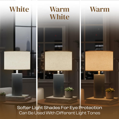 Castal Blue shades create warm ambient light for table and floor lamps.