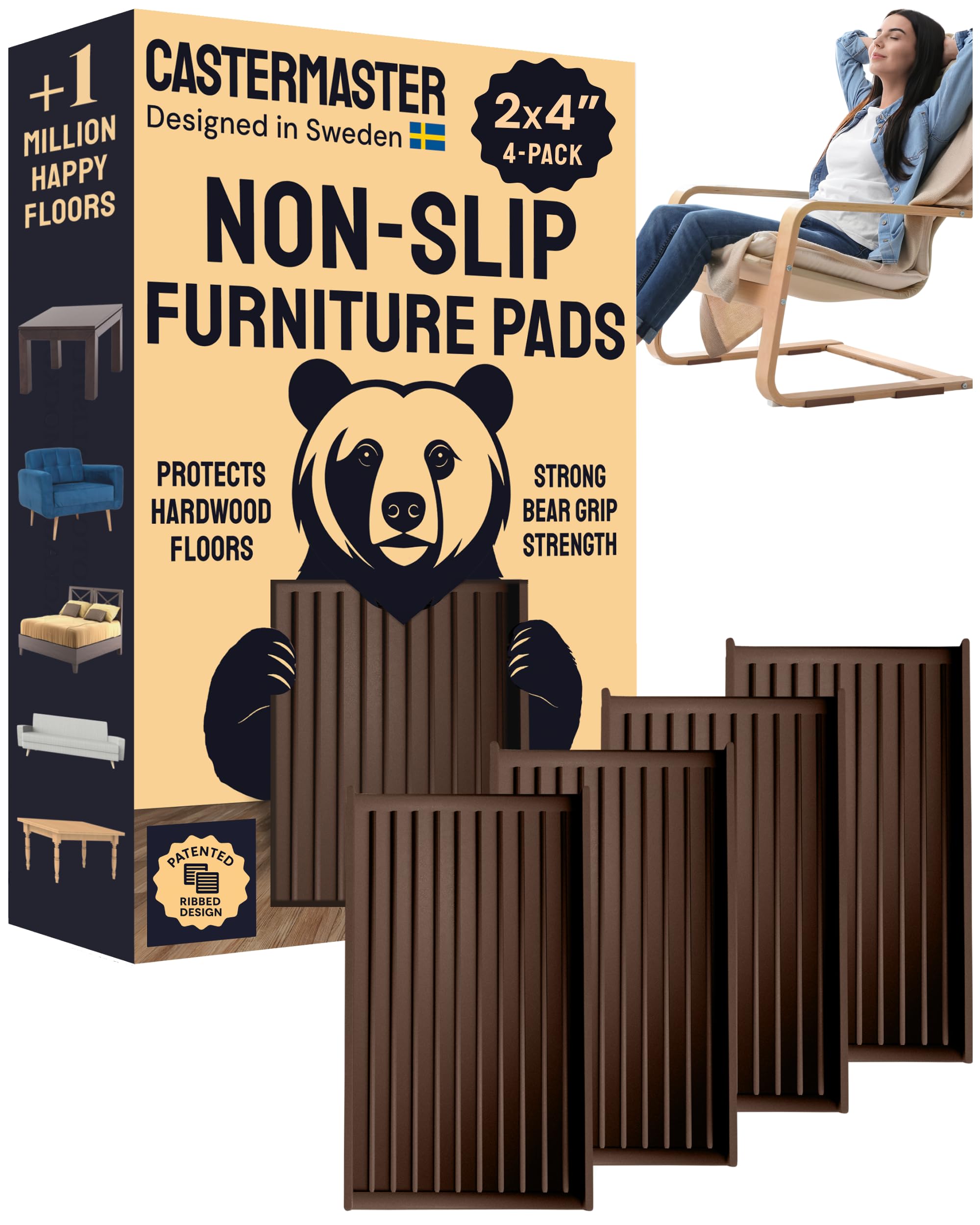 CasterMaster anti-slip rectangular pad 2x4 brown secures furniture on hardwood floors.