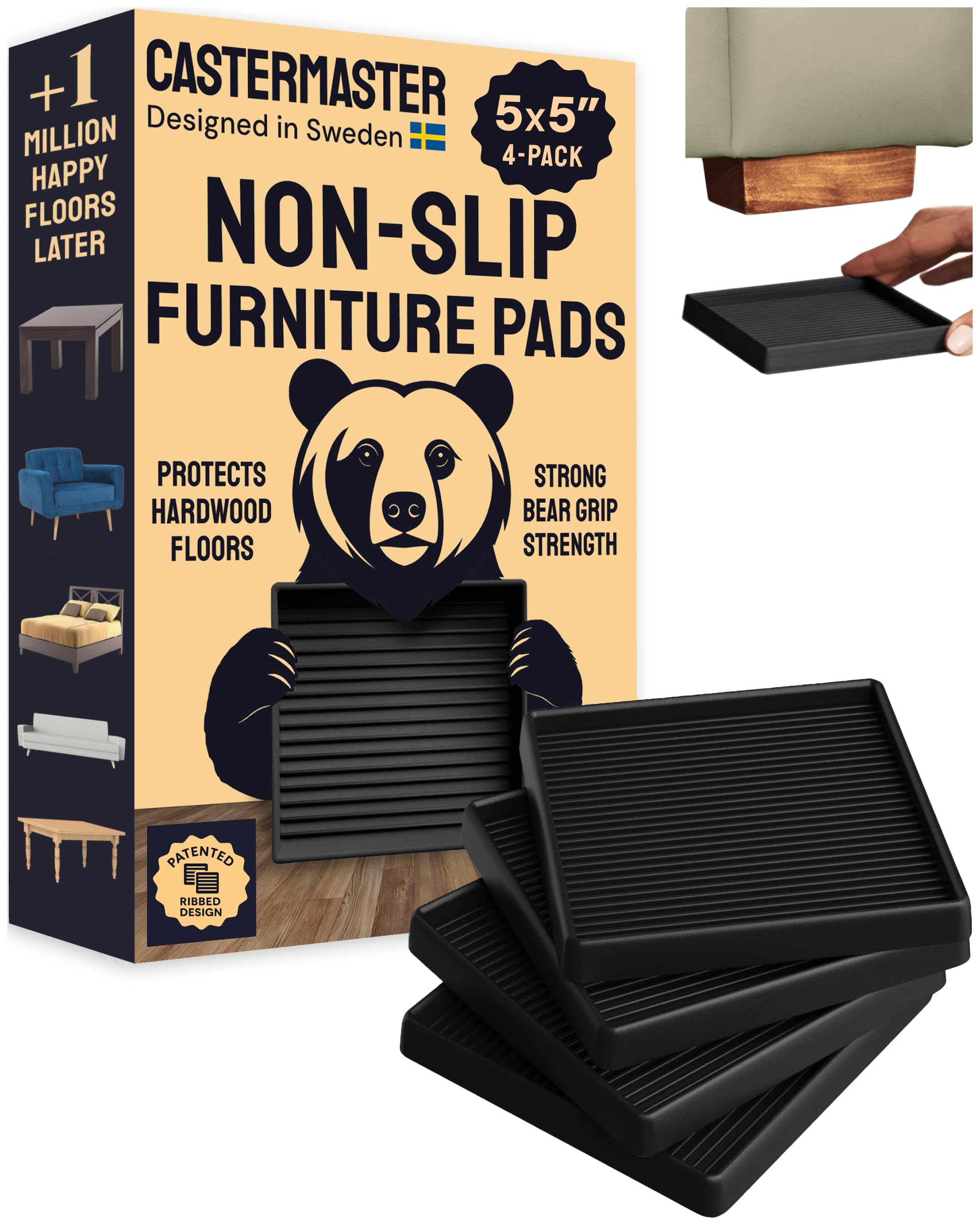 CasterMaster non-slip pad under sofa protects hardwood floors and reduces movement.