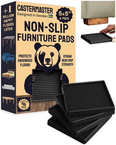 CasterMaster non-slip pad under sofa protects hardwood floors and reduces movement.