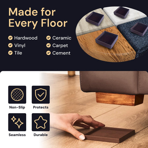 Sofa leg resting on CasterMaster pad to minimize noise and scuffs