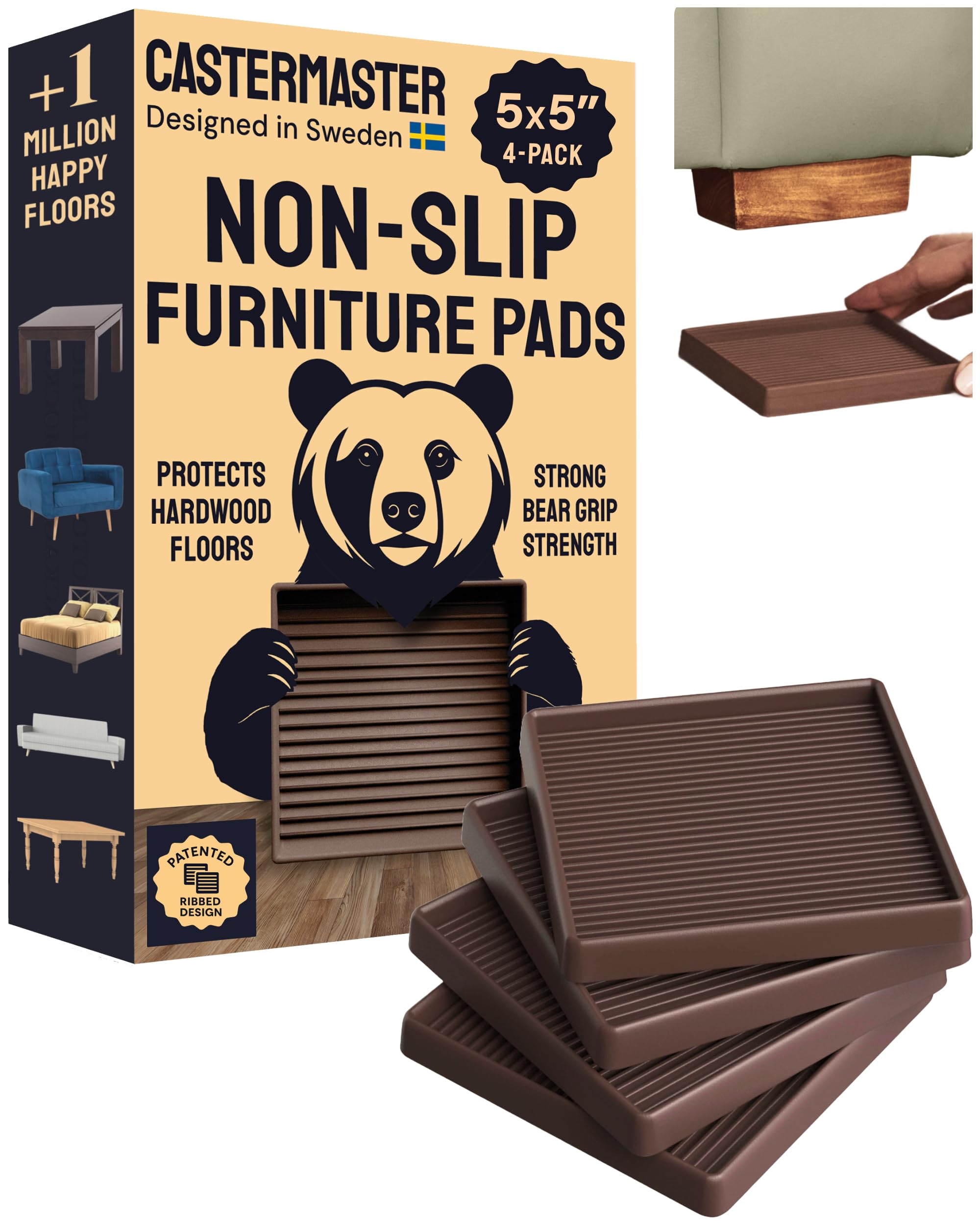 CasterMaster brown square rubber pad top view for stable placement on hardwood floors