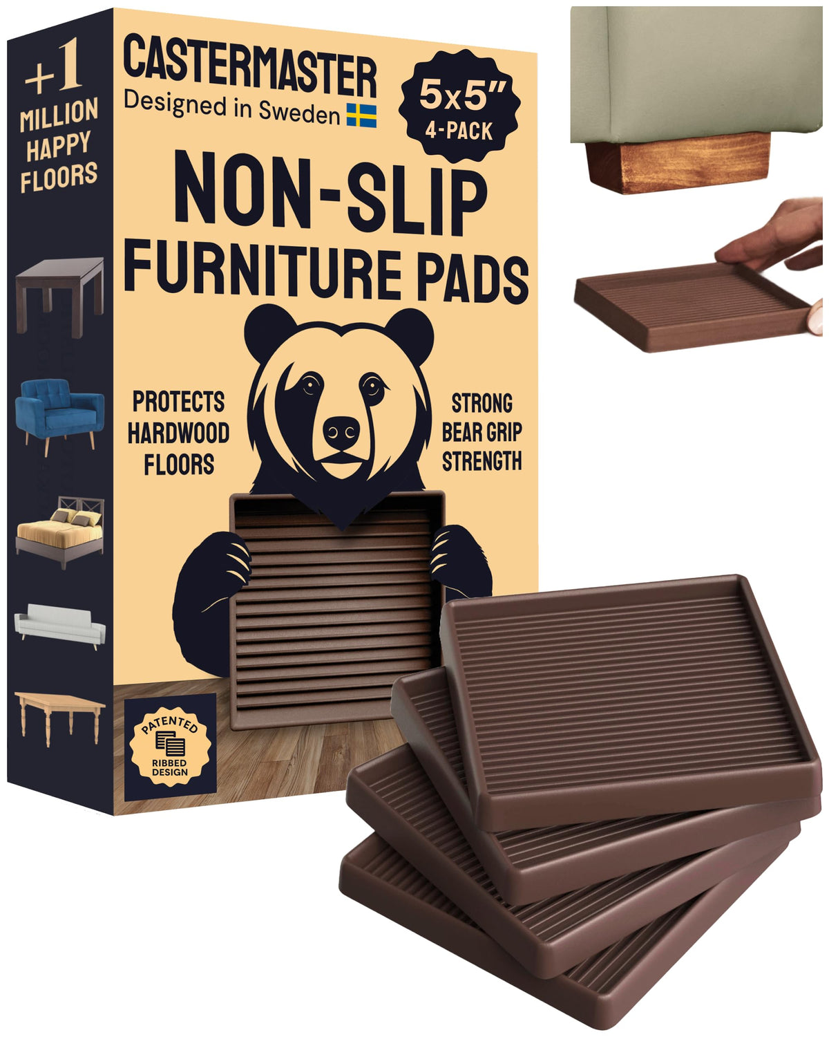 CasterMaster brown square rubber pad top view for stable placement on hardwood floors