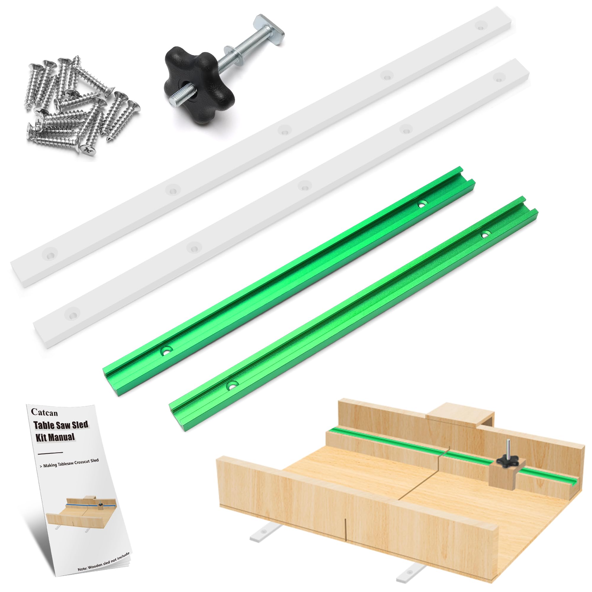 Catcan Crosscut Sled Kit 12in T-track improves accuracy and durability.