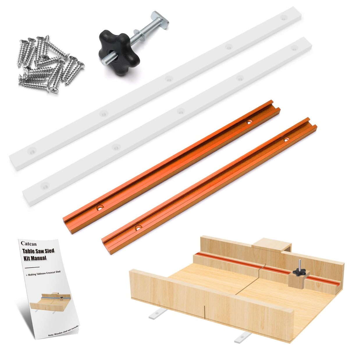 Catcan crosscut sled kit with aluminum T-tracks enhances table saw alignment.