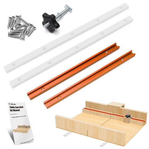 Catcan crosscut sled kit with aluminum T-tracks enhances table saw alignment.