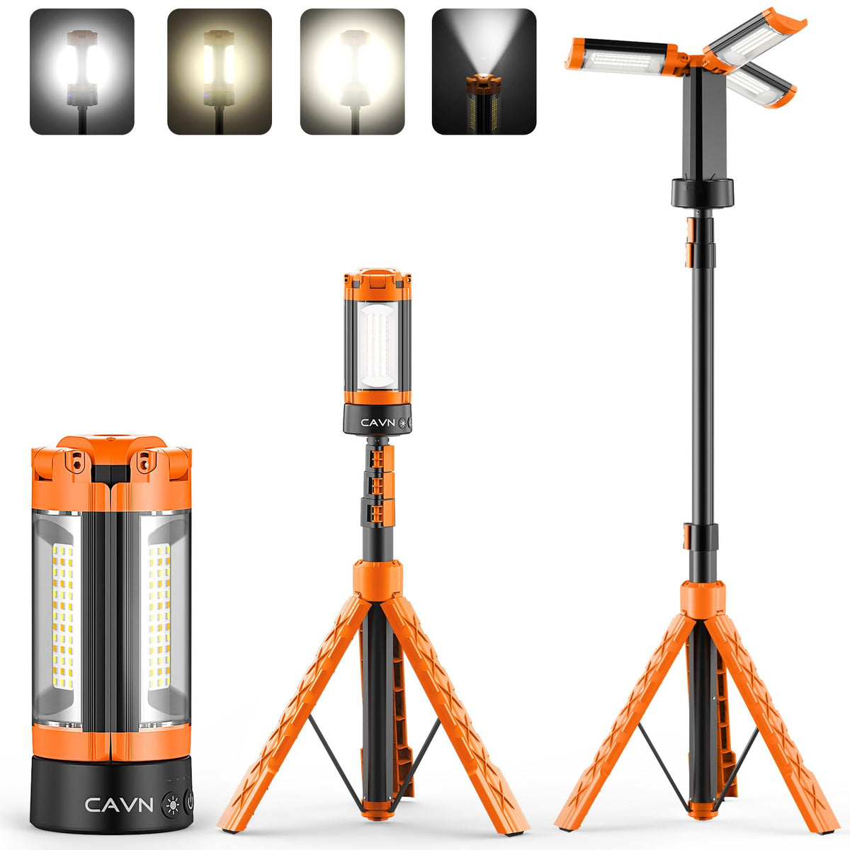 CAVN rechargeable camping lights on a stand fully assembled for outdoor use and portability