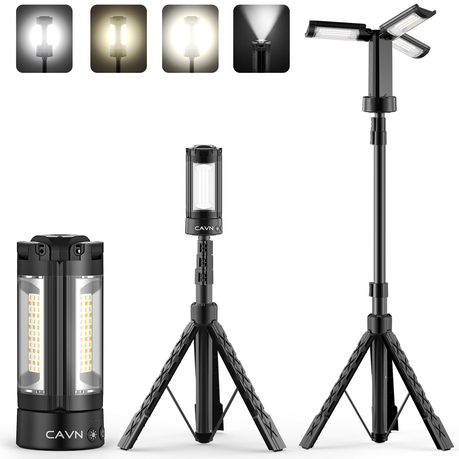CAVN rechargeable camping lights on stand illuminate a campsite for broad visibility