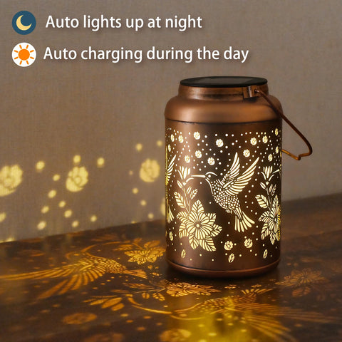 Cawalap hummingbird solar lantern tabletop provides ambient patio lighting.