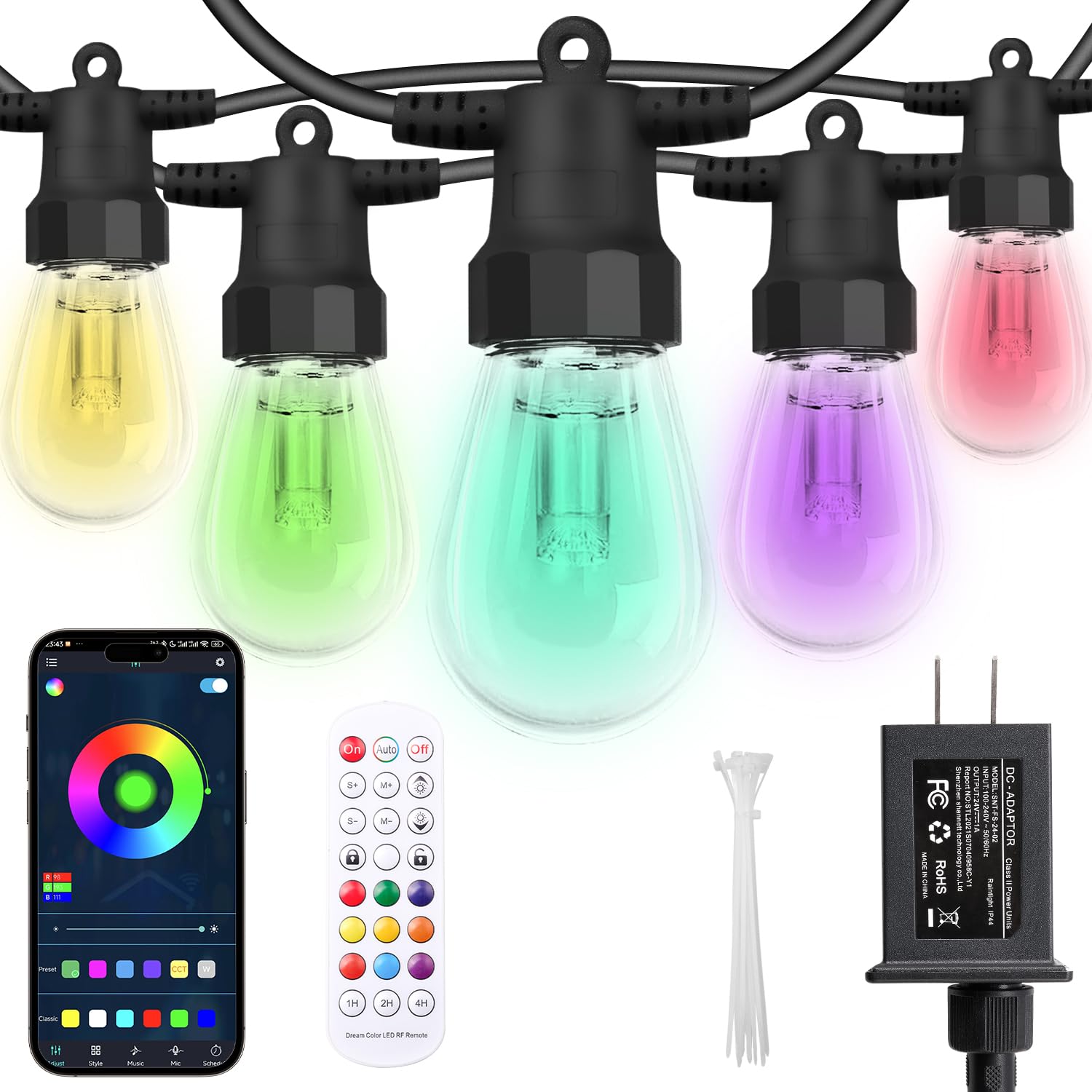 CAWWS outdoor lights 50ft with 20 RGBW bulbs provide bright, energy-efficient patio ambience.