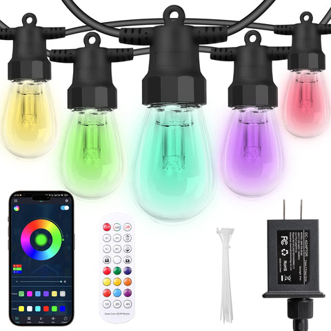 CAWWS outdoor lights 50ft with 20 RGBW bulbs provide bright, energy-efficient patio ambience.