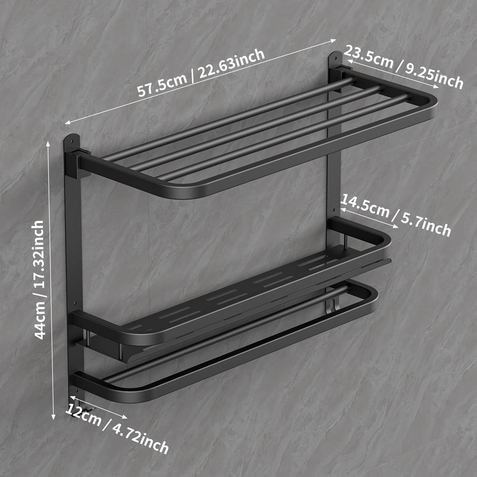 CAXIMSY dual-layer design with top shelf and bottom towel bar for organized storage.