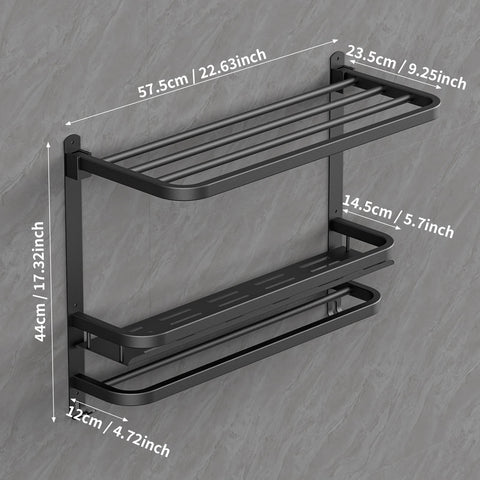 CAXIMSY dual-layer design with top shelf and bottom towel bar for organized storage.