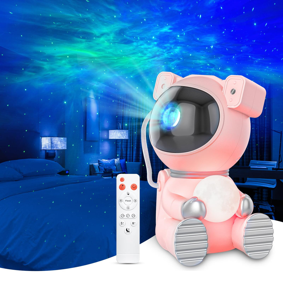 Cayclay Astronaut Galaxy Projector side view for immersive nebula lighting in a calm room