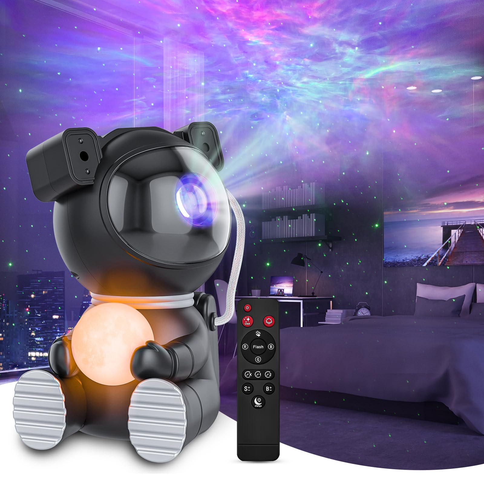 Cayclay Astronaut Projector in black casts a vivid galaxy on walls for cozy bedrooms.