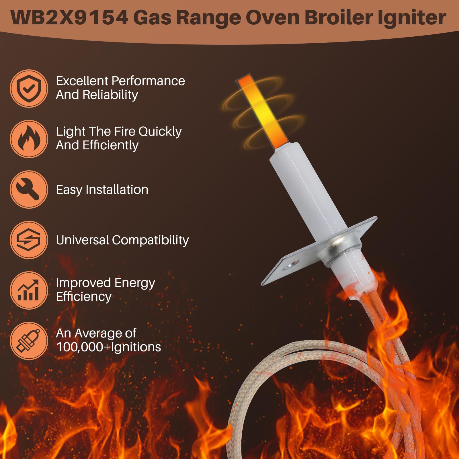 CAYUEMUM LH33ZG001 ignitor specs label highlights 120 VAC operation and quick warm-up timing.