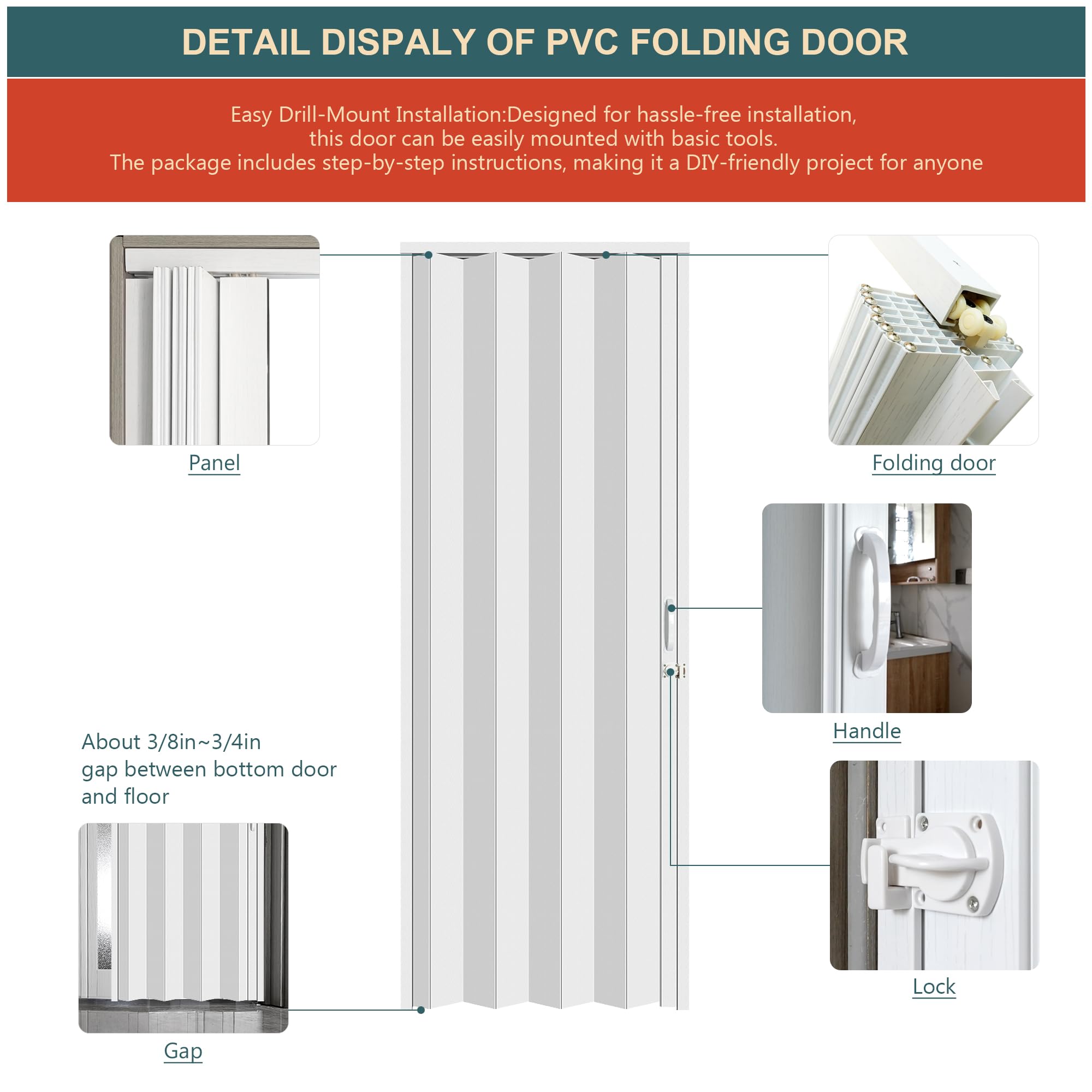 CCBOYSHARDWARE white PVC accordion door in room shows modern home integration.