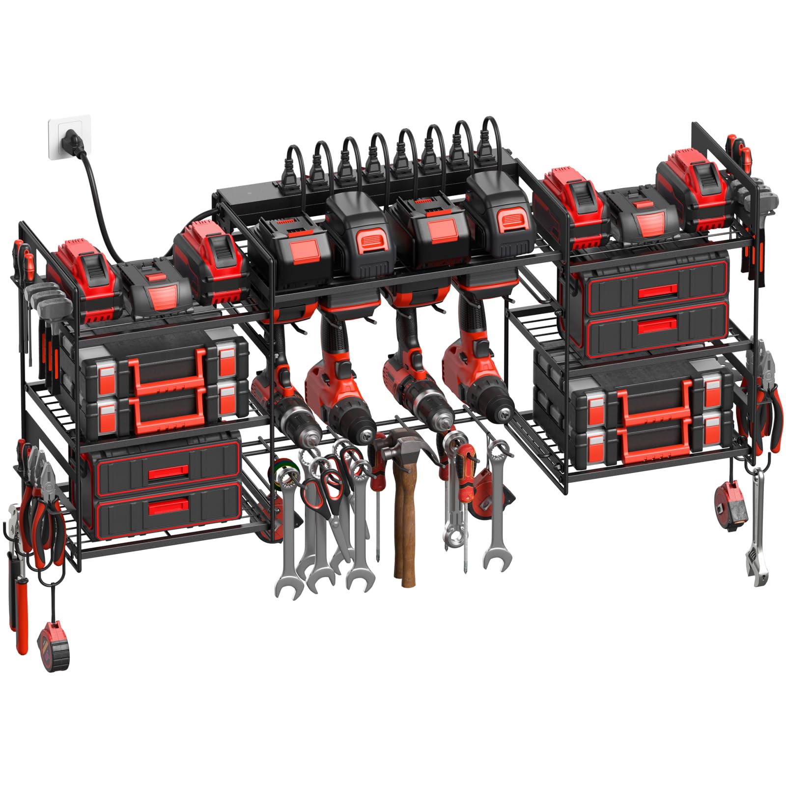 CCCEI 39 inch wall mounted power tool organizer with eight drill slots and outlets for a tidy workshop.
