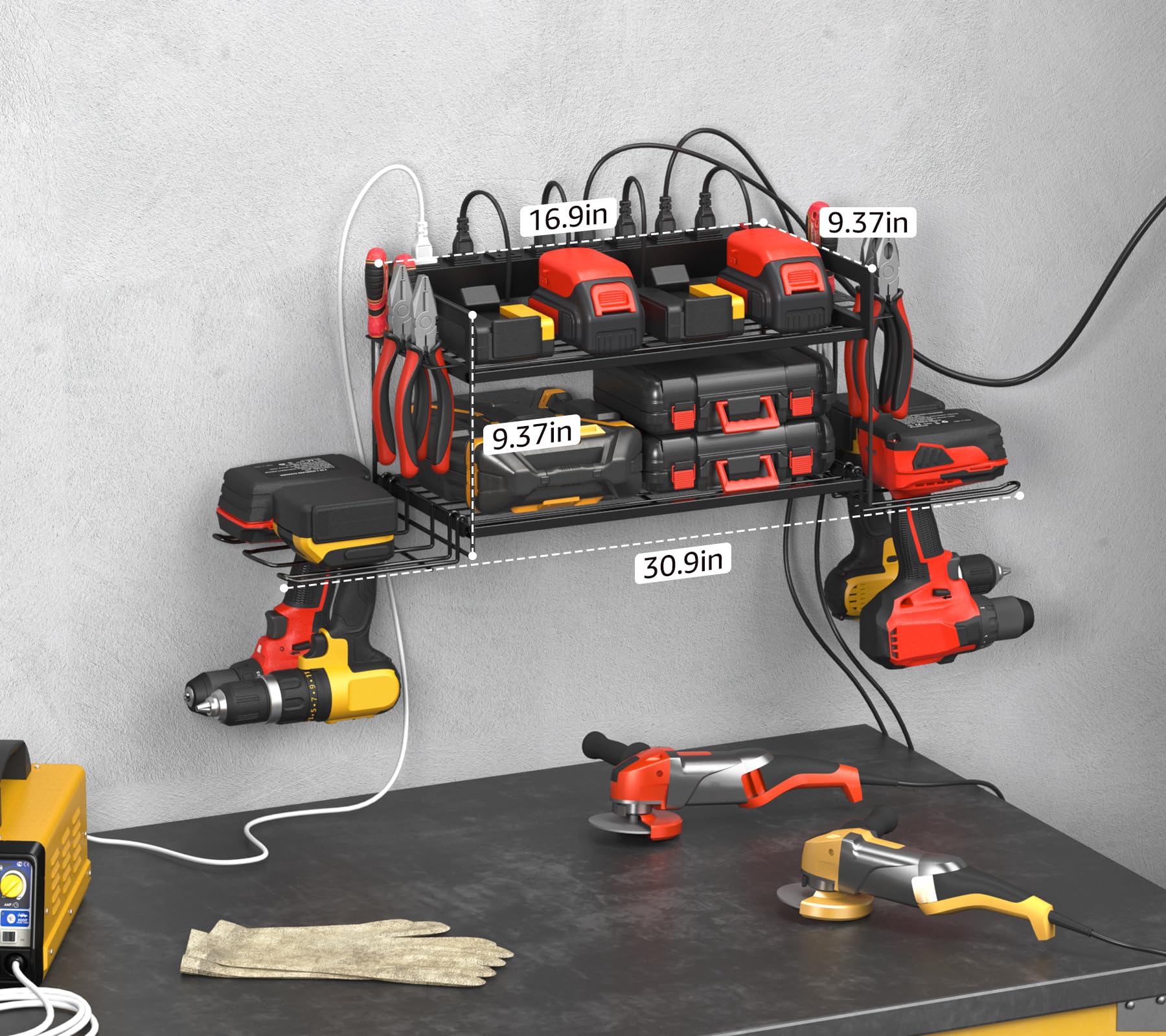 CCCEI tool battery organizer keeps batteries charged and ready for next job.