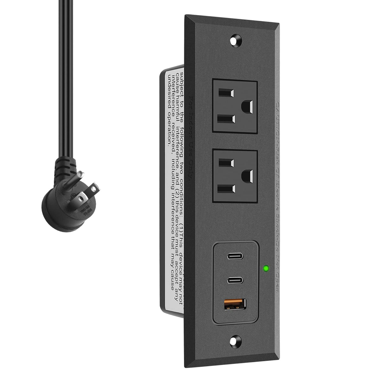 CCCEI recessed power strip front view with hidden cords and accessible outlets.
