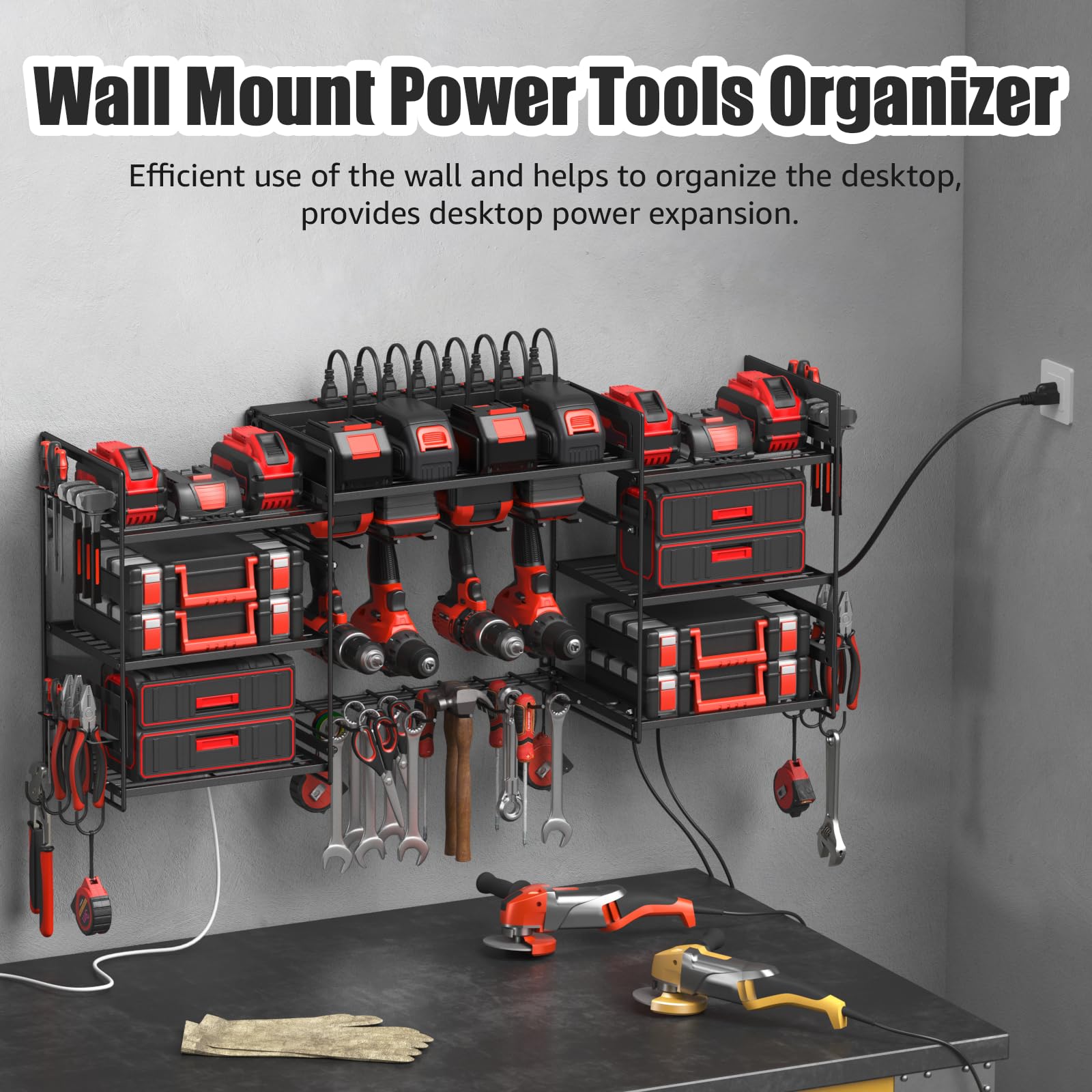 CCCEI wall mounted tool rack with 6ft power strip for convenient charging.