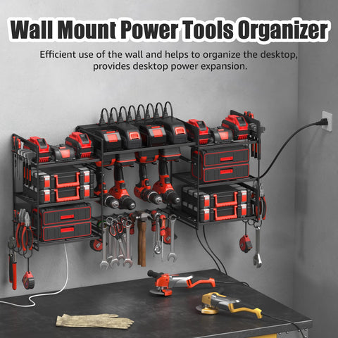CCCEI wall mounted tool rack with 6ft power strip for convenient charging.