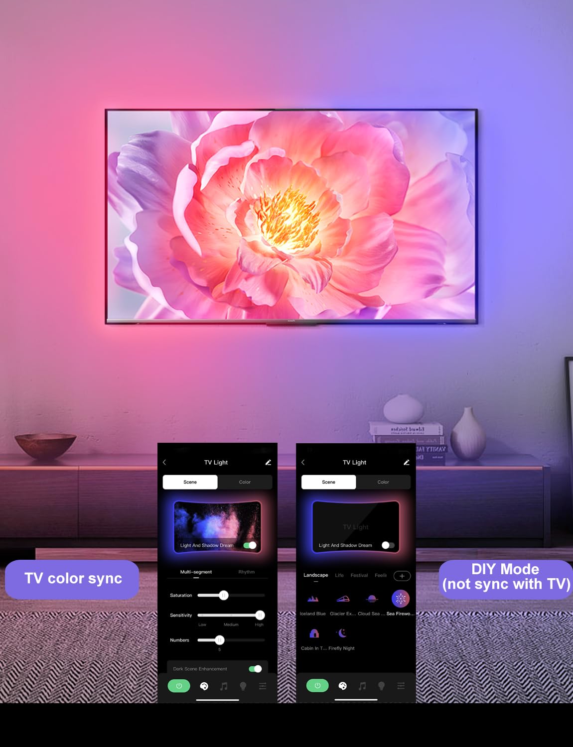 CCILAND LED strip syncs with screen content to create dynamic mood lighting.