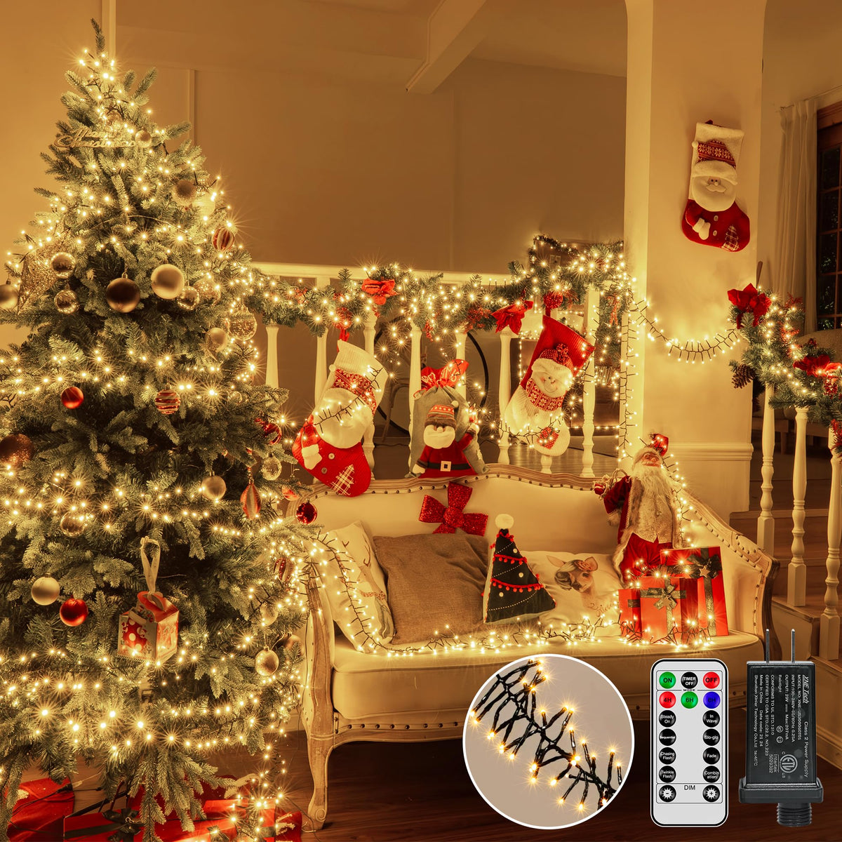 Ccinny 1200 LED cluster lights on a snowy evergreen tree for festive glow.