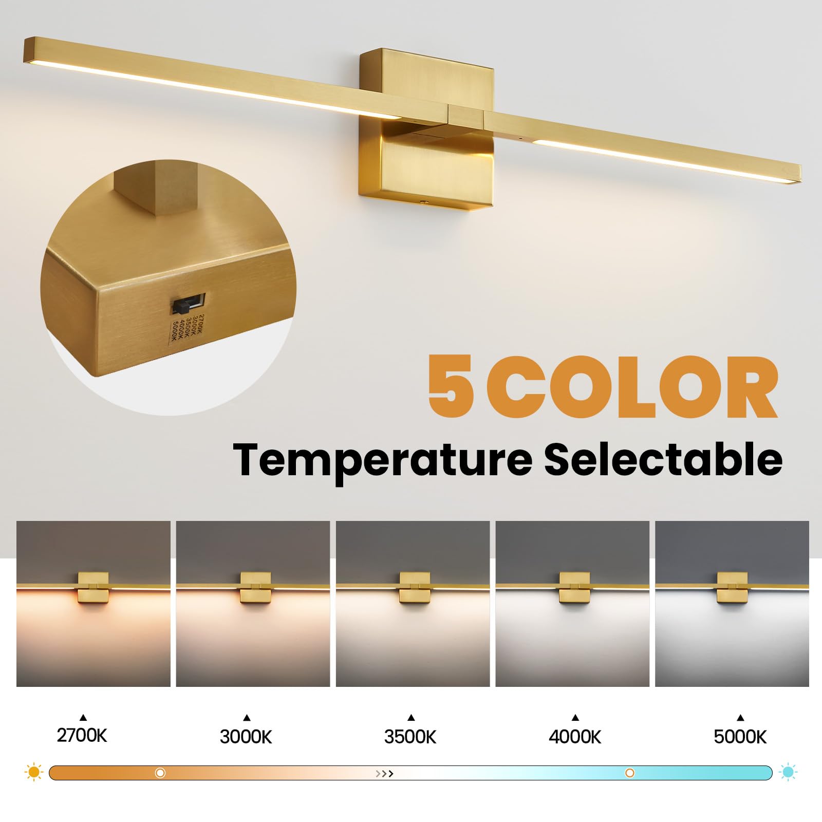 CCYCOL 5CCT slider on gold vanity light for warm to cool white options