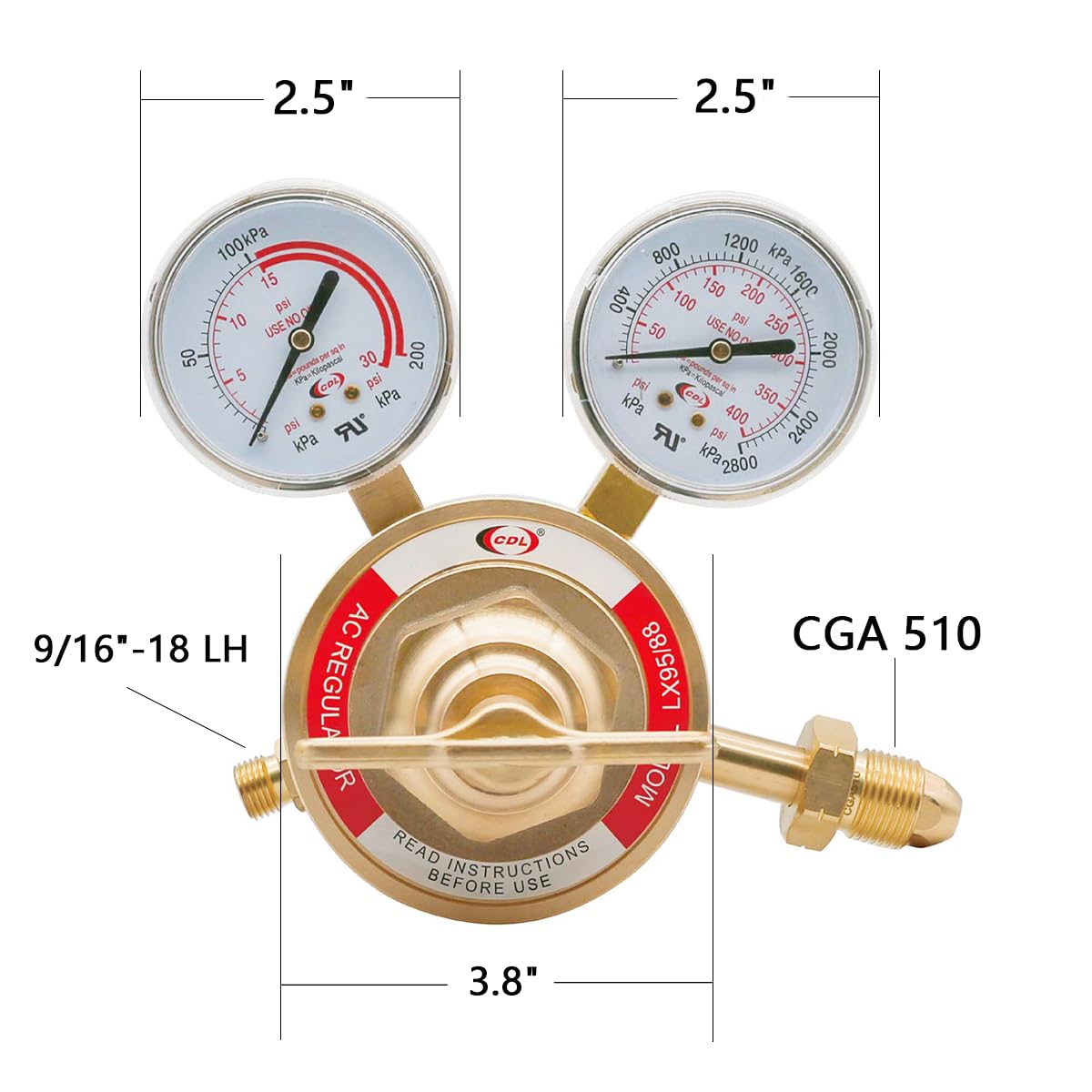 CDL regulator dual gauges closeup highlights precise inlet/outlet ranges