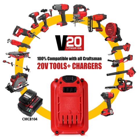 C DSANKE C CMCB204 6000mAh 20V battery compatibility chart helps identify Craftsman V20 use.