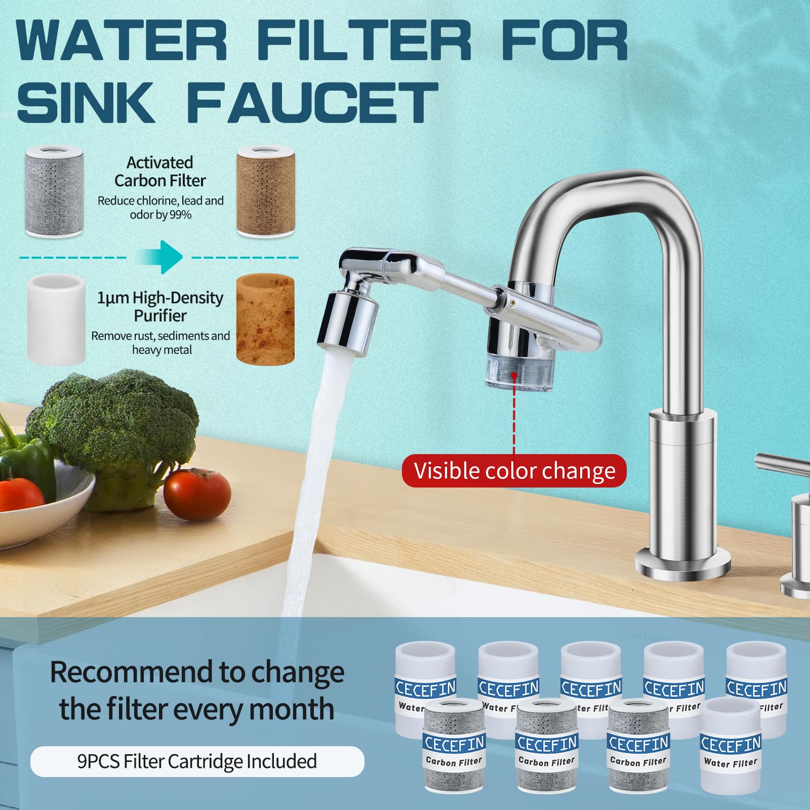 CECEFIN carbon filter reduces chlorine and odors for better water taste.