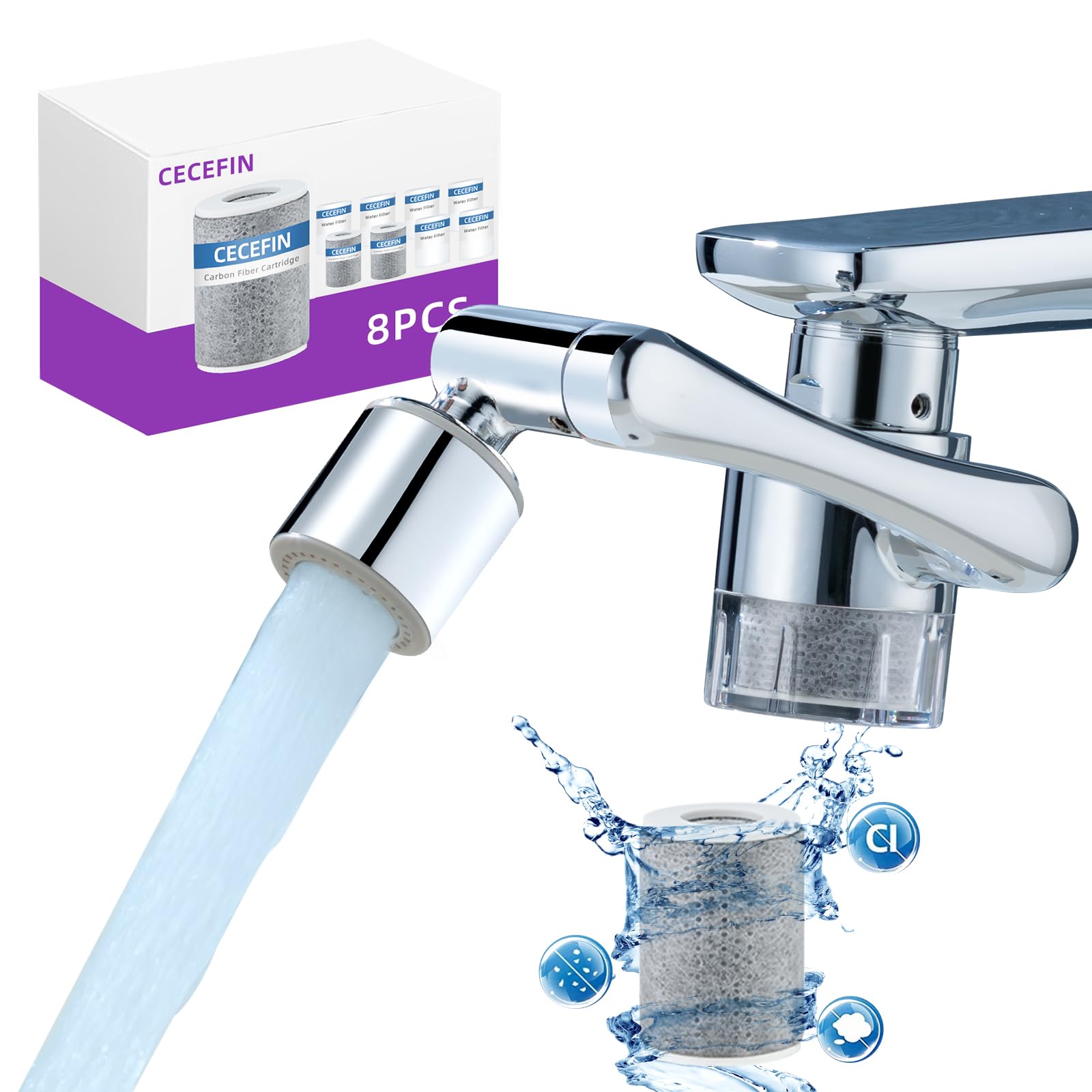 CECEFIN water filter with brass connector and 360-degree swivel enables full-sink access.