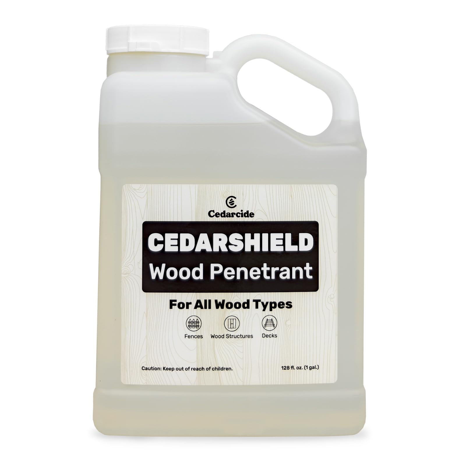 Cedarcide Cedarshield bottle poured onto wood for moisture protection.