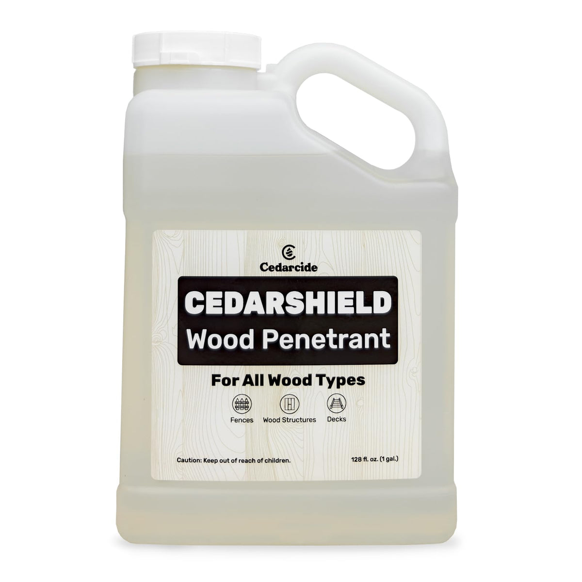Cedarcide Cedarshield bottle poured onto wood for moisture protection.