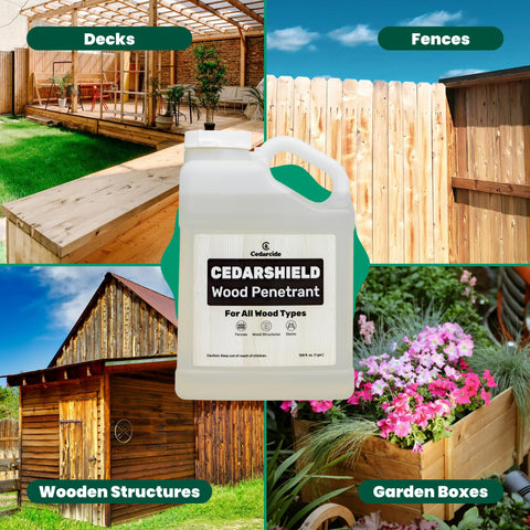 Cedarcide Cedarshield on sunlit deck shows fast drying.