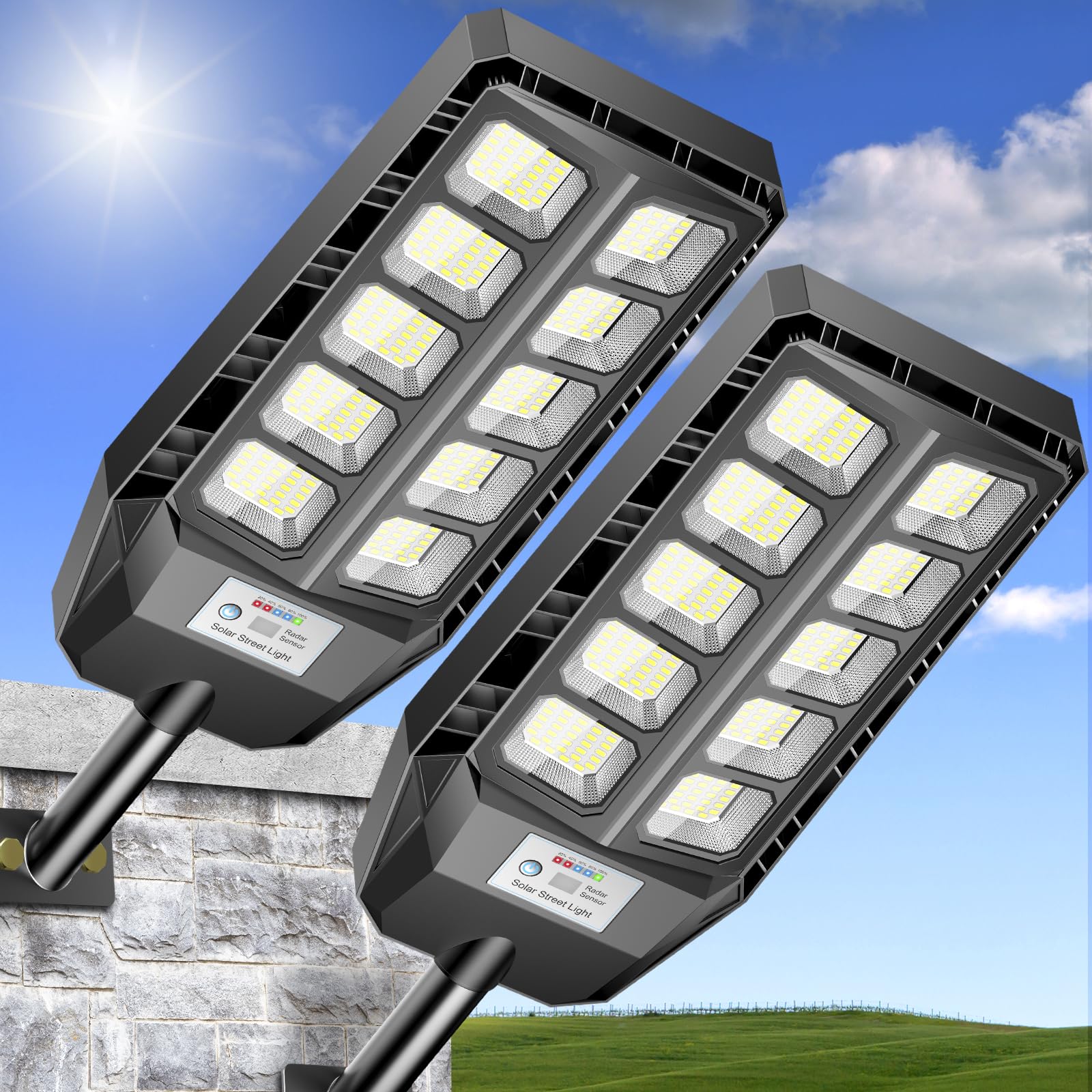 CEDIO 6500W solar light outdoor, front view, wide 240-degree beam for large-area lighting.