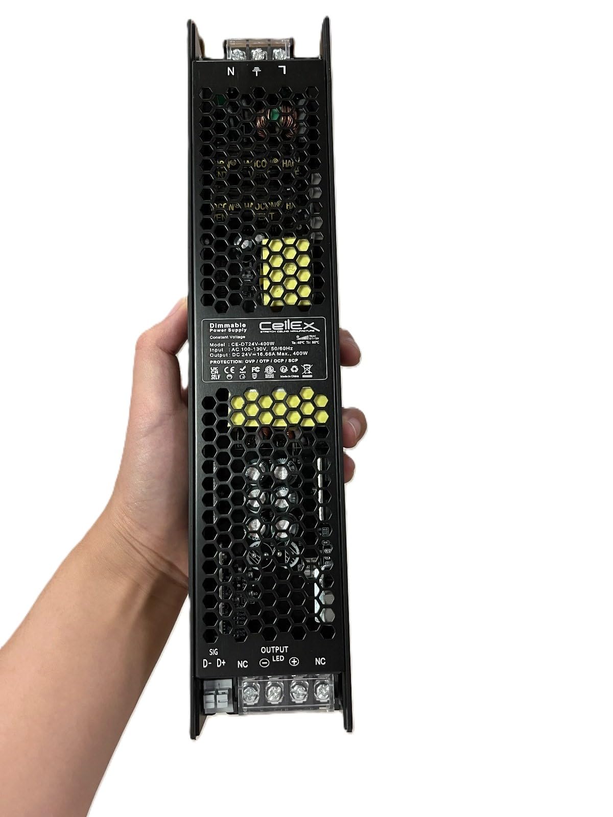 CEILEX Triac dimmable LED driver back view with clear wiring terminals.