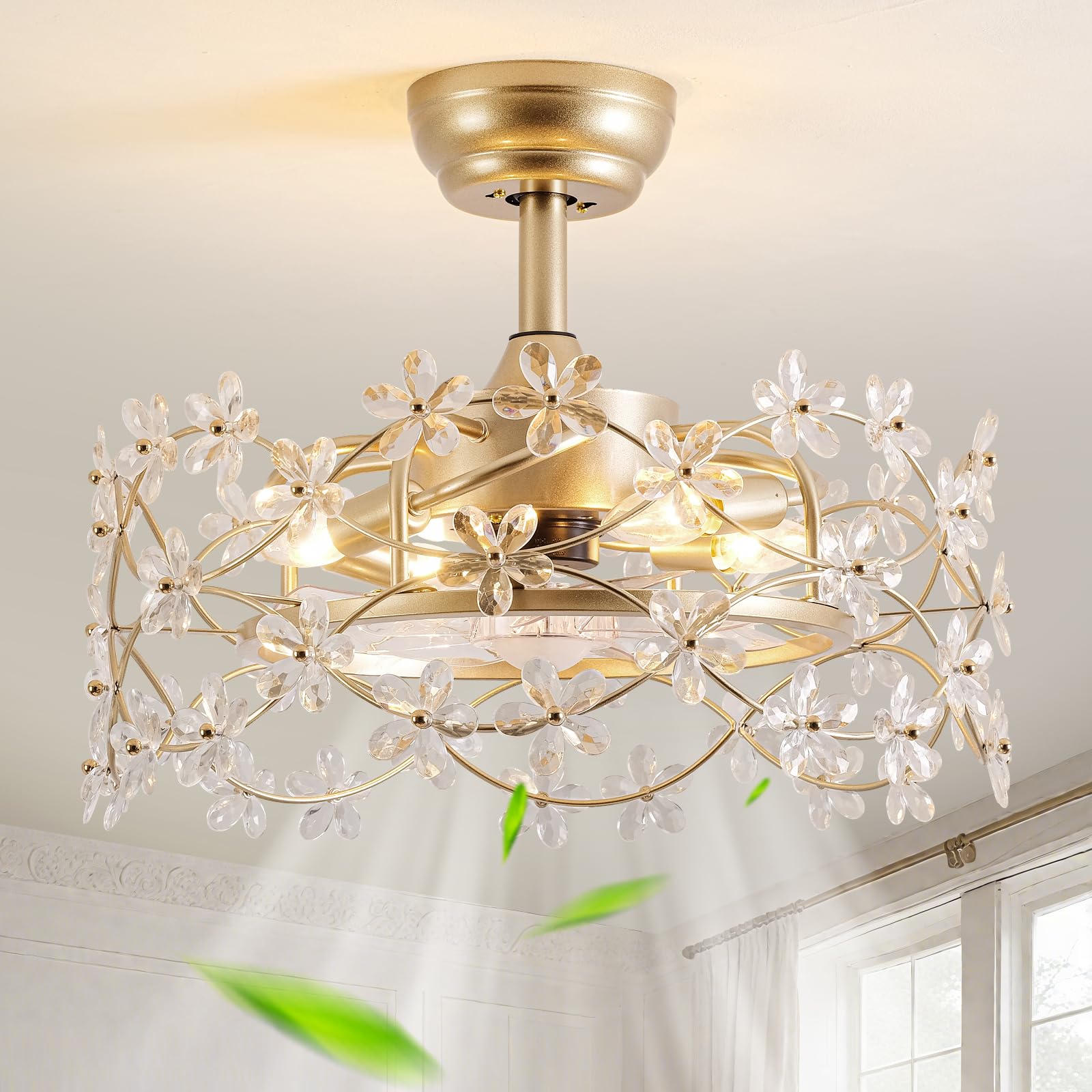 CELAVIEIOP 20-inch gold fandelier ceiling fan with crystal blossoms for modern rooms.