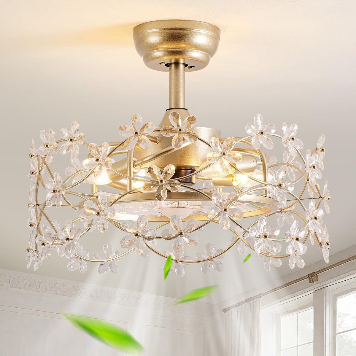 CELAVIEIOP 20-inch gold fandelier ceiling fan with crystal blossoms for modern rooms.