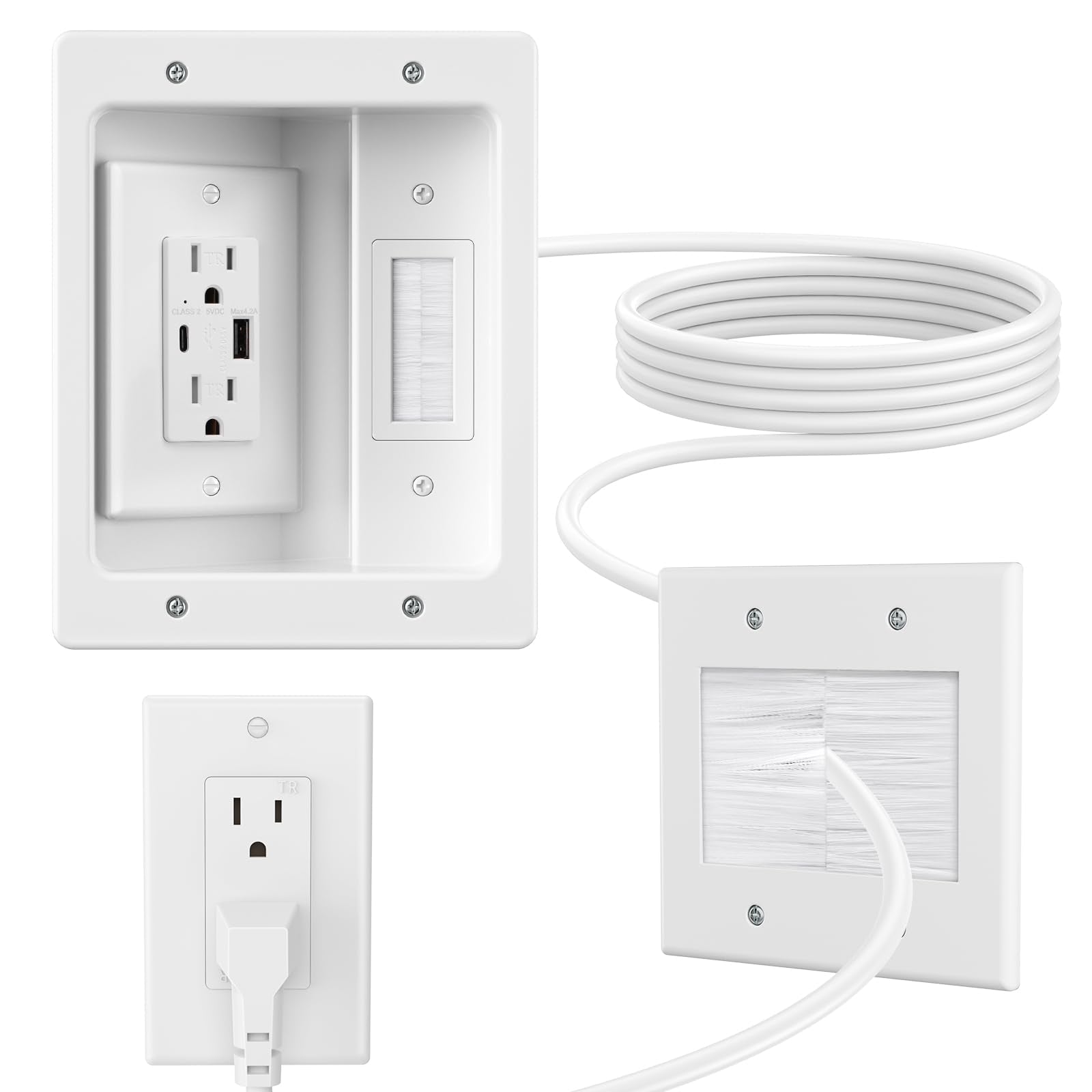 Celendor brush wall plate hides cables for a clean TV wall setup.