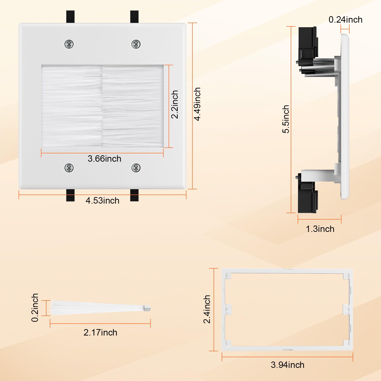 Celendor recessed cable box fits 4.53 by 4.49 inches for ample cabling