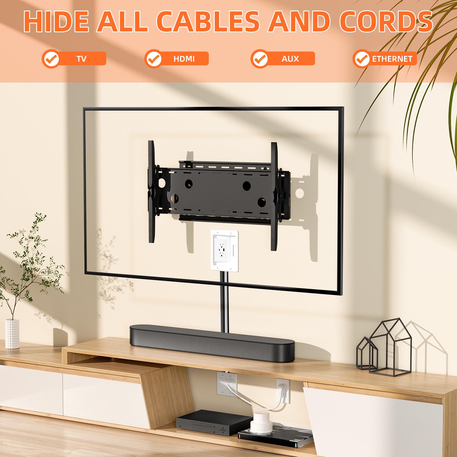 Celendor recessed outlet box installs flush in the wall to hide outlets.