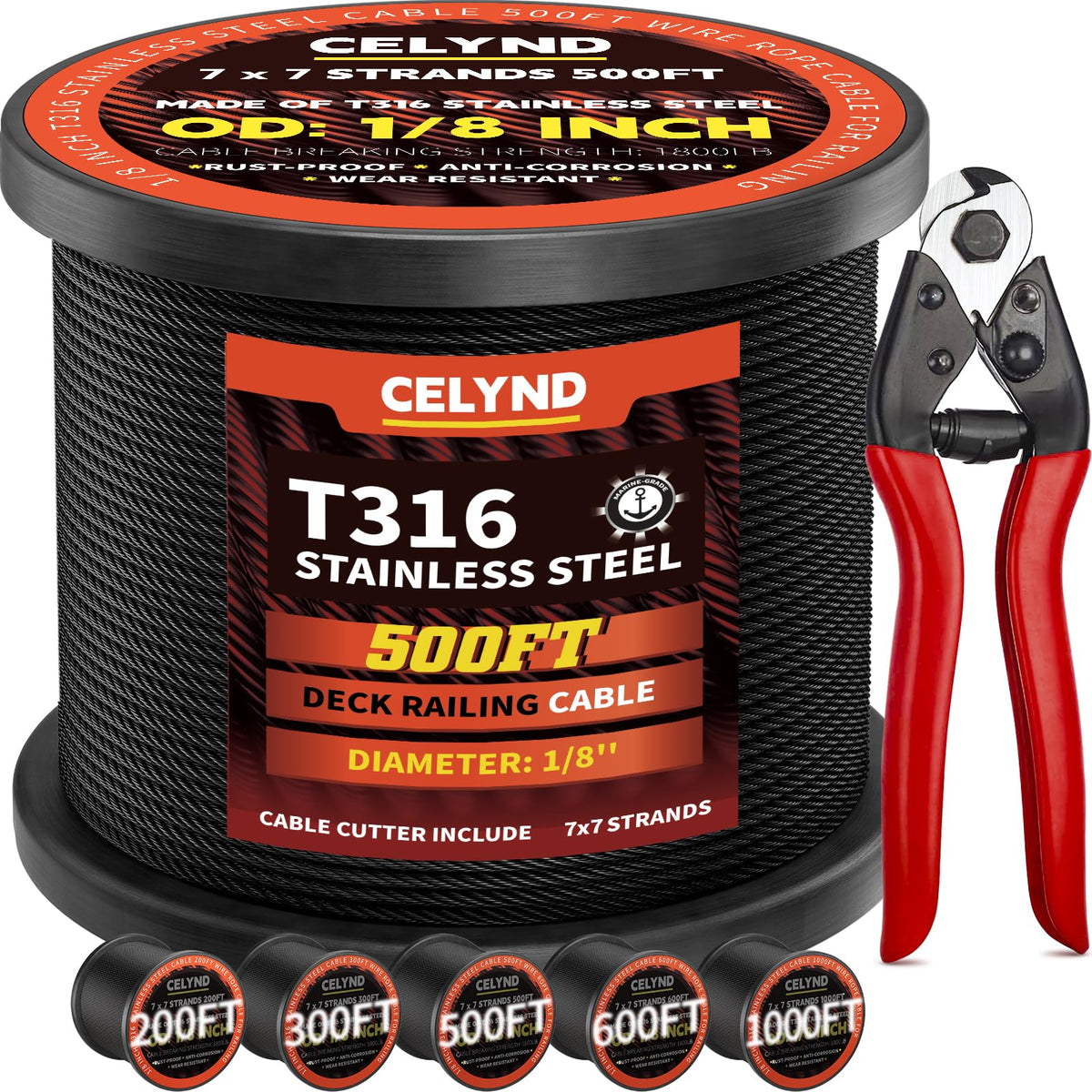 CELYND black stainless steel cable for deck railing, rugged and weather-resistant.
