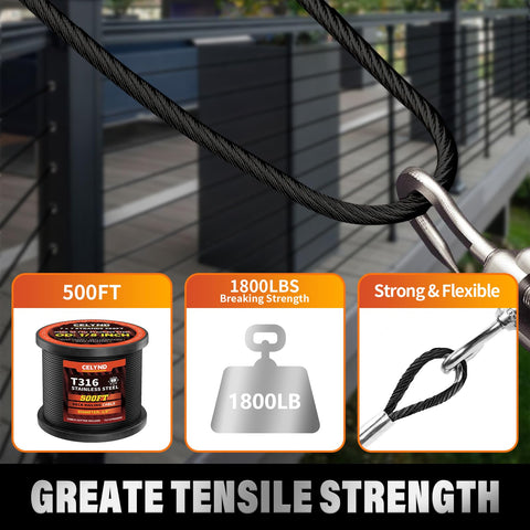 CELYND black stainless steel cable suited for decks, fences, and garden features.