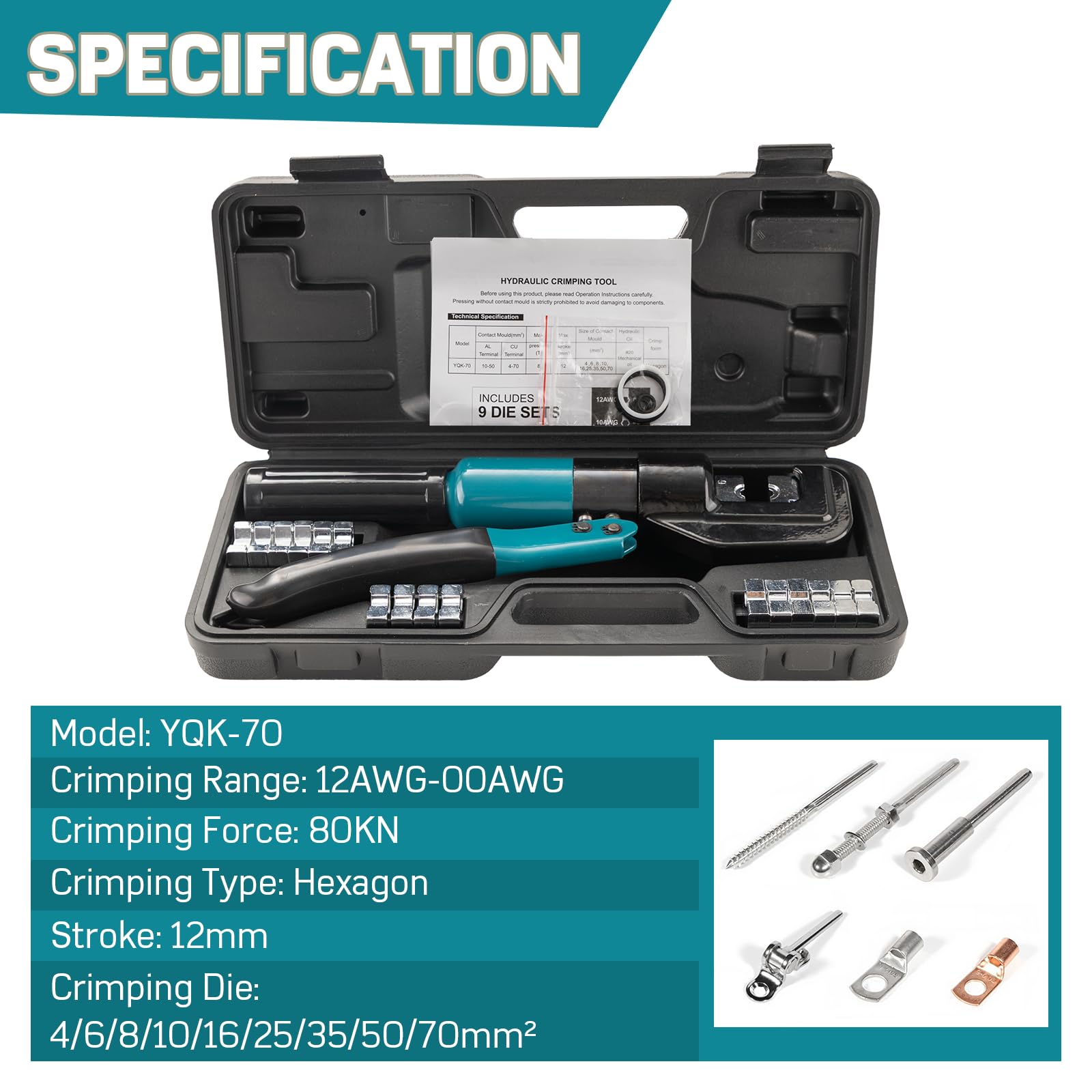 CELYND dies set for 12 AWG to 2/0 AWG wires enabling precise hex crimps.