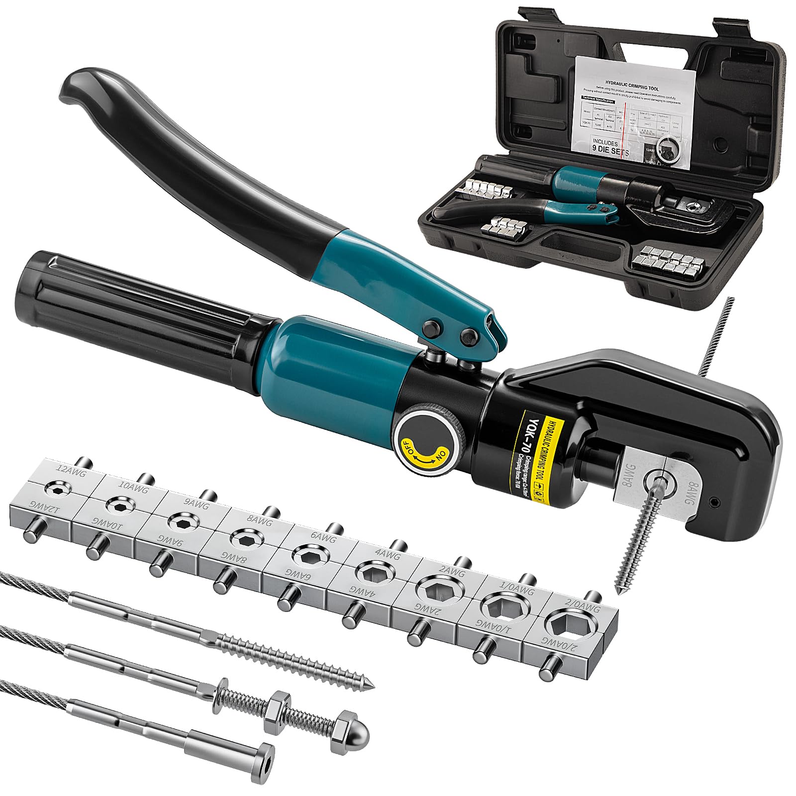 CELYND hydraulic crimping tool with rotating head for tight spaces, ideal for railing work.
