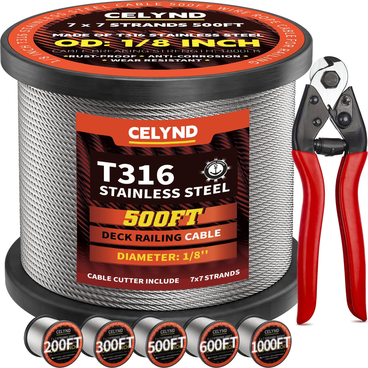 CELYND stainless steel cable with 1/8in diameter for durable railing projects.